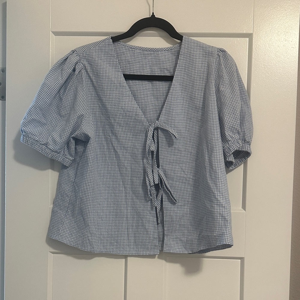 Amazon Light Blue Gingham Tie-Front Puff Sleeve Blouse